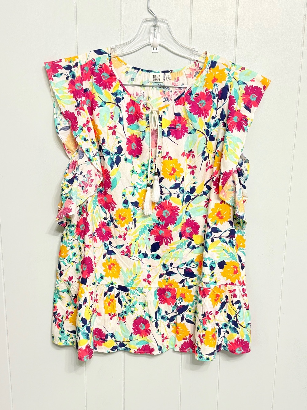 #19)  True Craft White Floral Rayon Top with Multicolor Accents